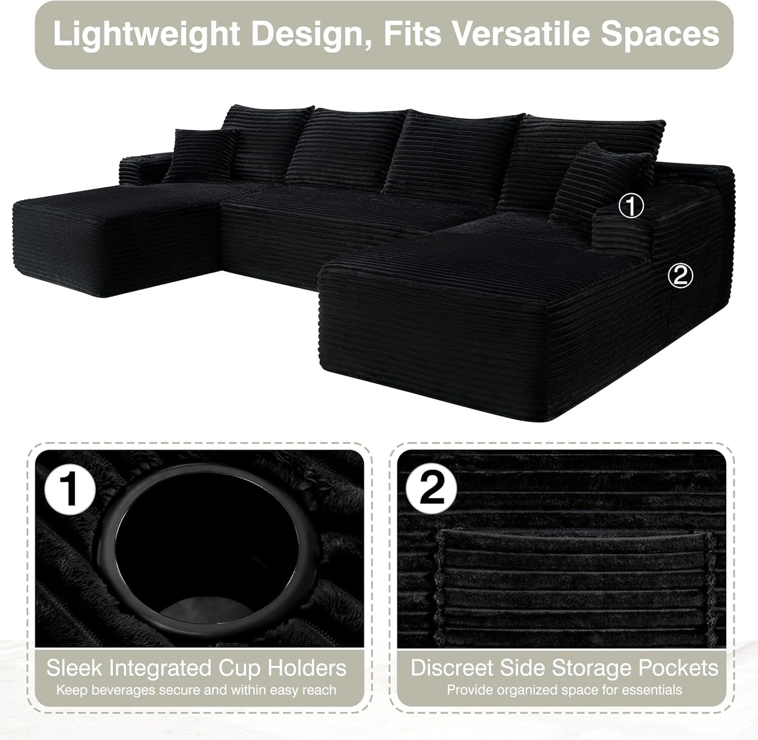 Howcool 126" Oversized U-Shaped Modular Sectional Sofa, Cloud Couch with Double Chaise & Deep Seats, Boneless Corduroy Couch for Living Room & Apartment, No Assembly Required, Black