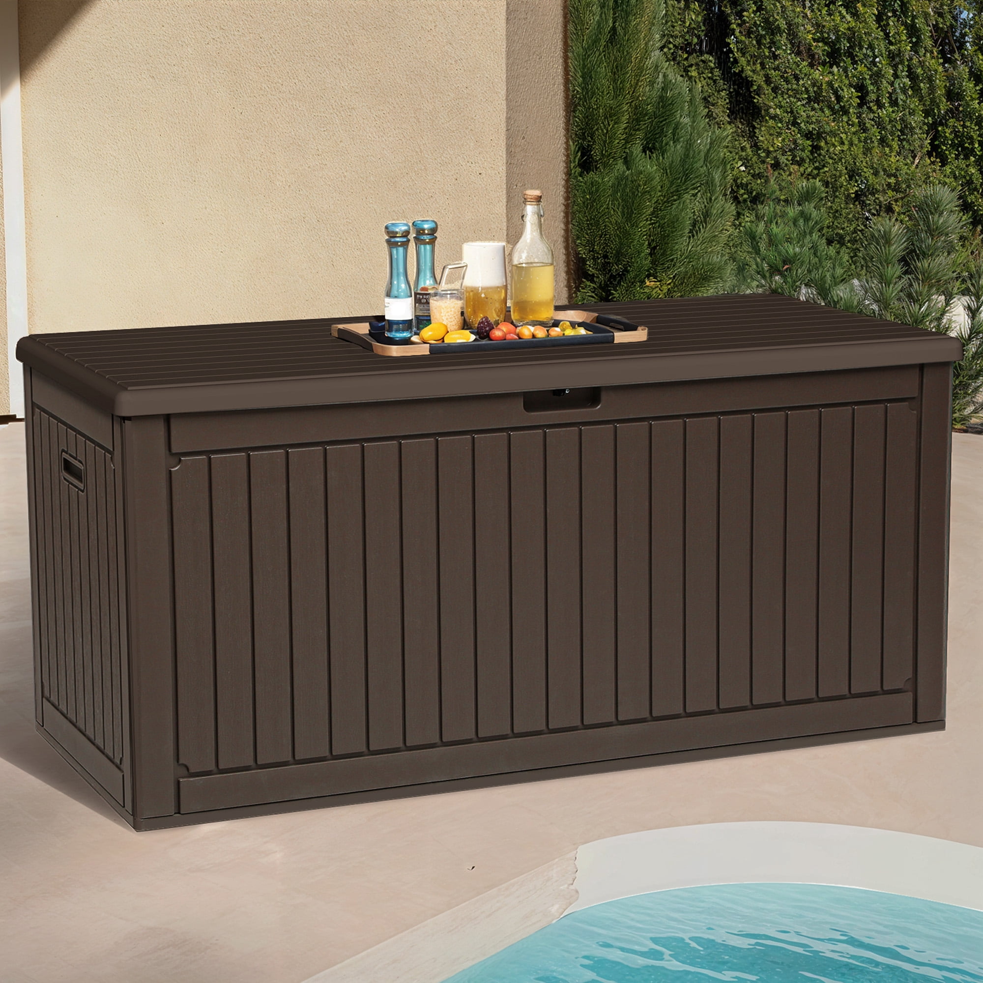 Uforic 260 Gallon Large Deck Box, Double-Wall Resin Outdoor Storage Bin with Divider, Lockable Weatherproof, Brown