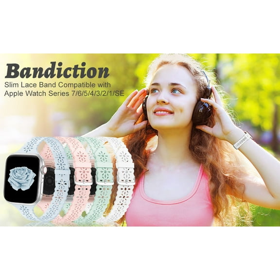 Bandiction Slim Lace Band Compatible With Apple Watch Bands for Women and Men, Silicone Wristbands Strap Replacement for iWatch Series SE/8/7/6/5/4/3/2/1 (3 Pack)