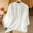 thumbnail image 7 of Women's Floral Embroidered Casual Blouse Imitation Cotton Linen Shirts 3/4 Sleeve Stand Up Collar Button Tunic Tshirt, 7 of 7