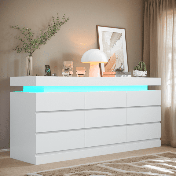 9 Drawer Dresser with Power Outlet & LED Lights, Modern Triple Wide Chest of Drawers with Storage for Bedroom, Closet, Living Room, Entryway, Hallway, White