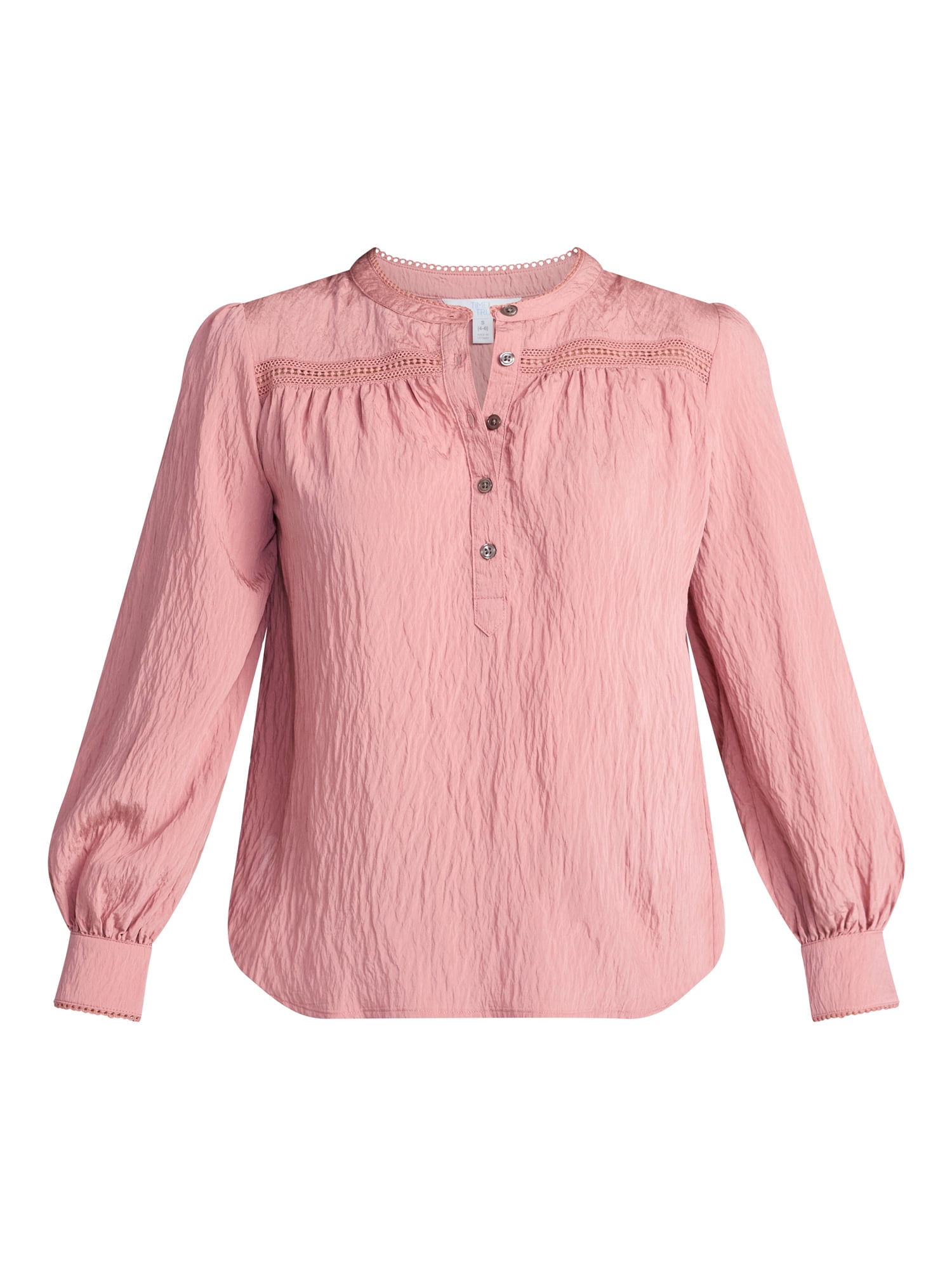 Time and Tru Women's Lace Yoke Half Button Shirt with Long Sleeves Sizes XS-XXXL