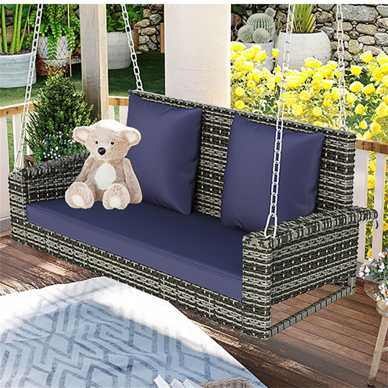 Kadyn 2-Person Wicker Hanging Porch Swing, Rattan Swing Bench with Chains, Cushion and Pillow, Outdoor Swing Chair for Garden, Backyard, Blue-gray Kadyn 2-Person Wicker Hanging Porch Swing, Rattan Swing Bench with Chains, Cushion and Pillow, Outdoor Swing Chair for Garden, Backyard, Blue-gray