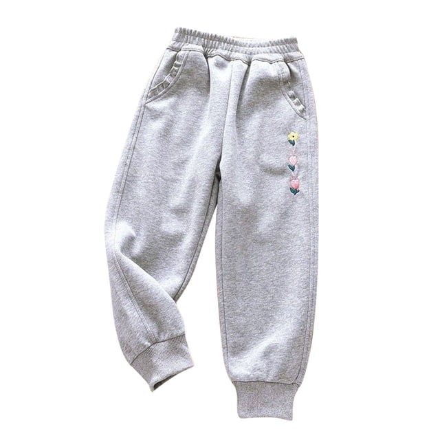 Odeerbi 2-12 Años Niñas Pantalones de Algodón Floral Bordado Entrenamiento Deportes Jogger Pantalones Casual Cintura Elástica Joggers Con Bolsillos