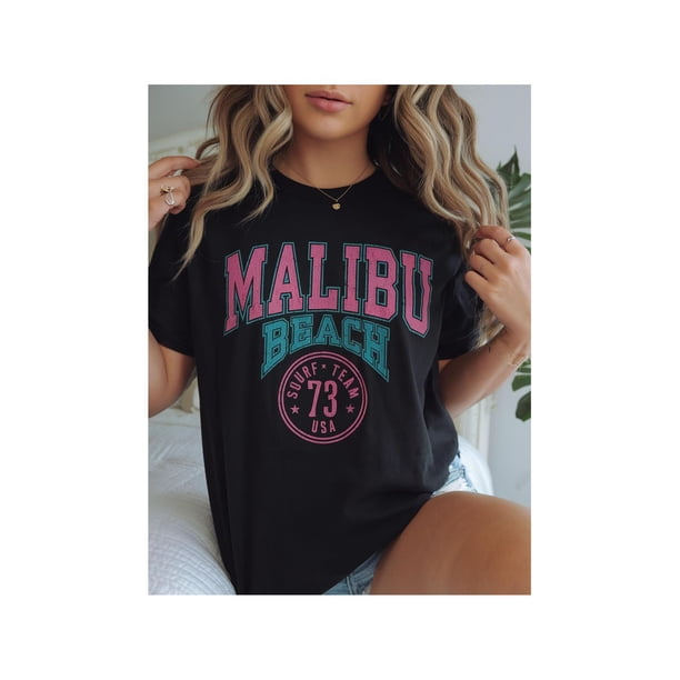 Women's Malibu Beach Surf Team Graphic T-Shirt - 100% Cotton Loose Fit Short Sleeve, Pink & Teal Letter Print on Black, Round Neck Casual Top for all Seasons, Machine Washable, allseason apparel