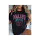 thumbnail image 1 of Women's Malibu Beach Surf Team Graphic T-Shirt - 100% Cotton Loose Fit Short Sleeve, Pink & Teal Letter Print on Black, Round Neck Casual Top for all Seasons, Machine Washable, allseason apparel, 1 of 6