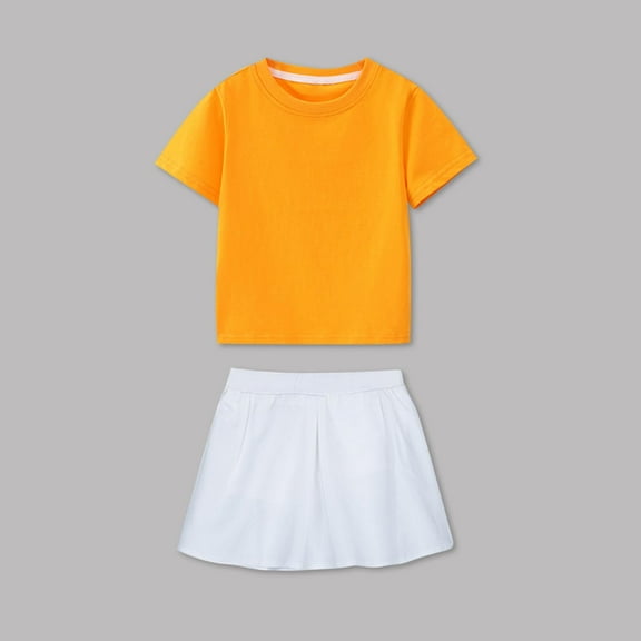 VOONCAS Girls Skort Set with Tee, Orange Cotton 2-Piece Play Outfit, Pleated Skort with Built-in Shorts for Casual & Active Wear,Size 4 T