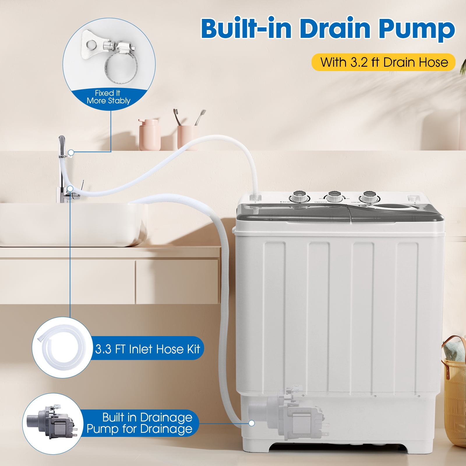 Dawmilon Portable Twin Tub Washing Machine, 28 lb Capacity with Drain Pump, Compact Washer for Apartments, Dorms & RVs, Grey