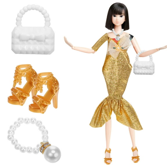 OFFIGAM 1Set Dolls Formal Gown Dress Sequin Fabric Outfit Costume with Heels and Necklace