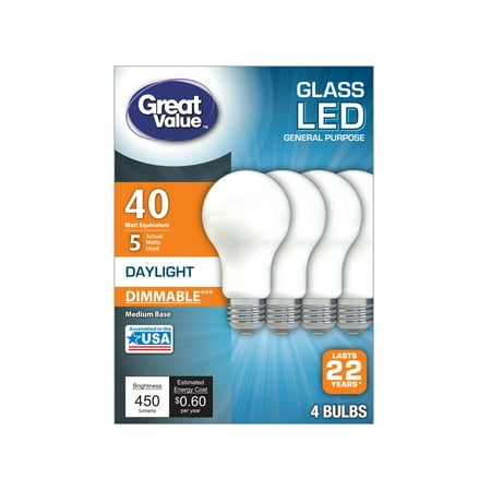 Great Value LED 5-Watt (40W Equivalent) Daylight Color Frosted Light Bulbs, 4pk