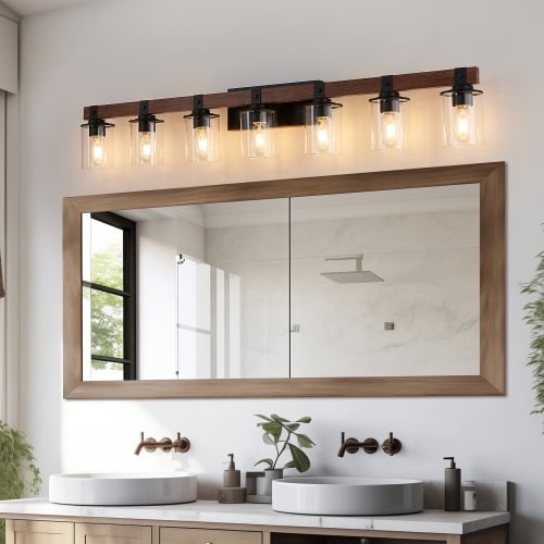 ACE-LIGHTS,7-Lights Farmhouse Rustic Bathroom Light Fixture with Glass Lampshade(Bulbs Not Included),Vanity Lights Fixture for Bathroom,Dressing Room,Bedroom,Living Room(Black)
