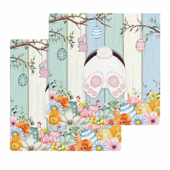 Easter Kitchen Dish Towels for Drying Dishes Set of 2, Spring Watercolor Bunny Eggs Wood Grain Teal Blue Waffle Weave Microfiber Hand Tea Bathroom Towels Quick Dry & Absorbent Towel 12x12