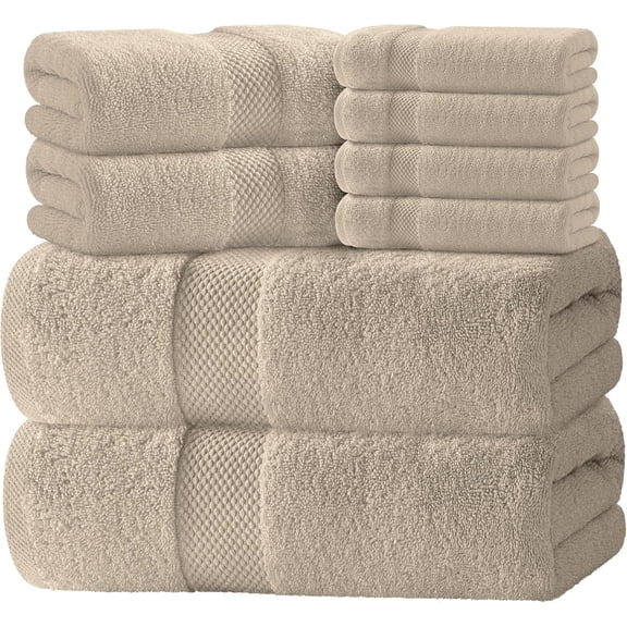 Luxury Turkish Cotton 8 Piece Towel Set, 700 GSM Highly Absorbent Bathroom Towels, Soft Hotel Spa Quality Bath Towels with 2 Bath Towels, 2 Hand Towels & 4 Washcloths, Taupe