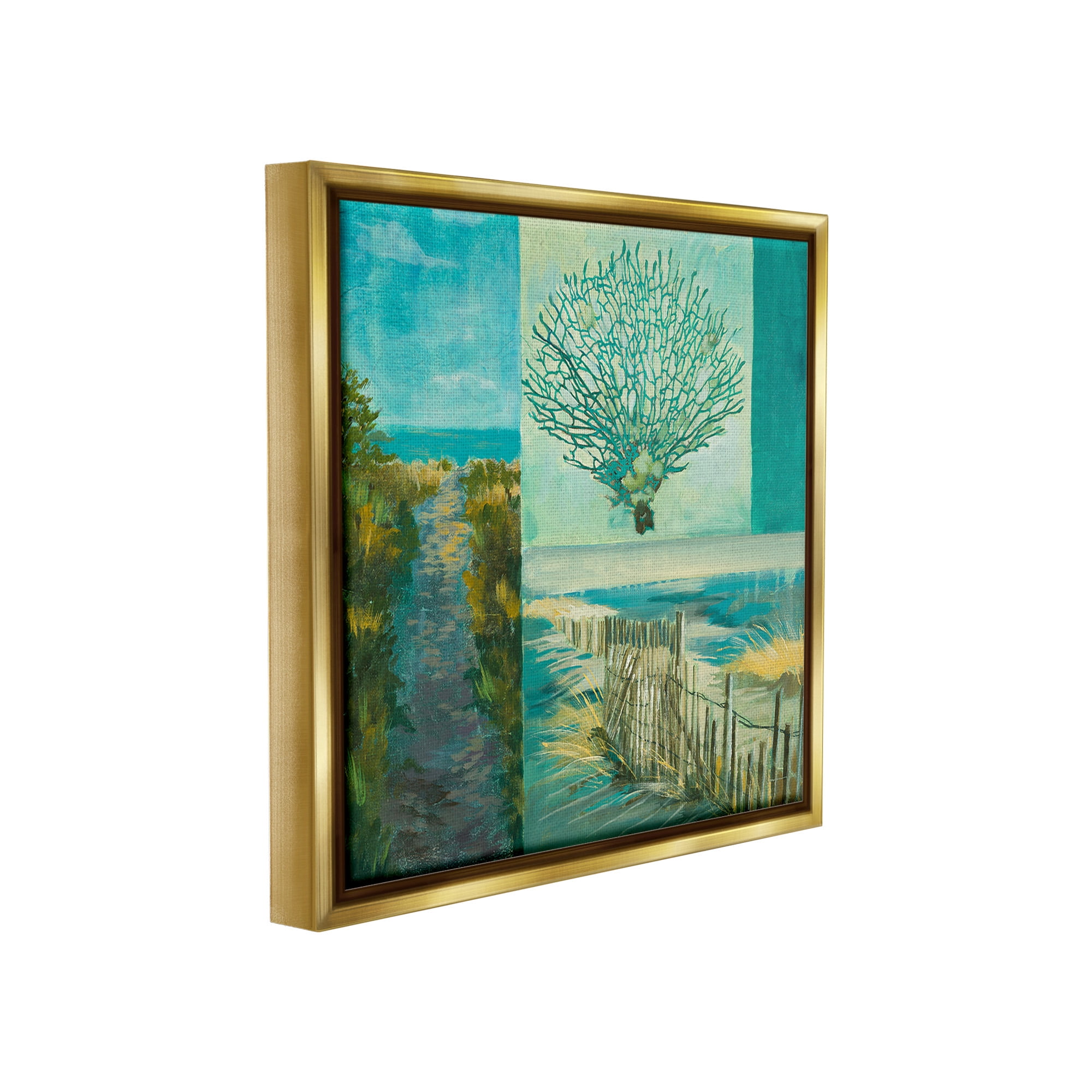Stupell Industries Modern Beach Coral Collage Landscape Painting Gold Floater Framed Canvas Art Print Wall Art, 25 x 25