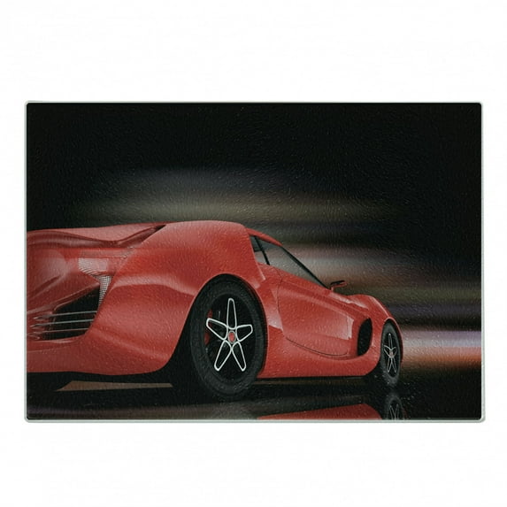 Cars Cutting Board, Rear View of a Futuristic Sports Car Motion Power Transportation Vehicle Sublime Theme, Decorative Tempered Glass Cutting and Serving Board, Small Size, Red Black, by Ambesonne
