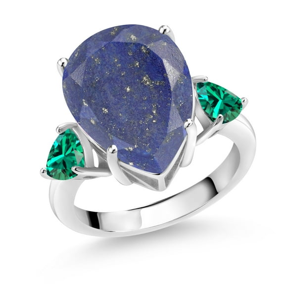 Gem Stone King 7.94 Ct Pear Shape Blue Lapis Green Nano Emerald 925 Sterling Silver Ring (Size 8)