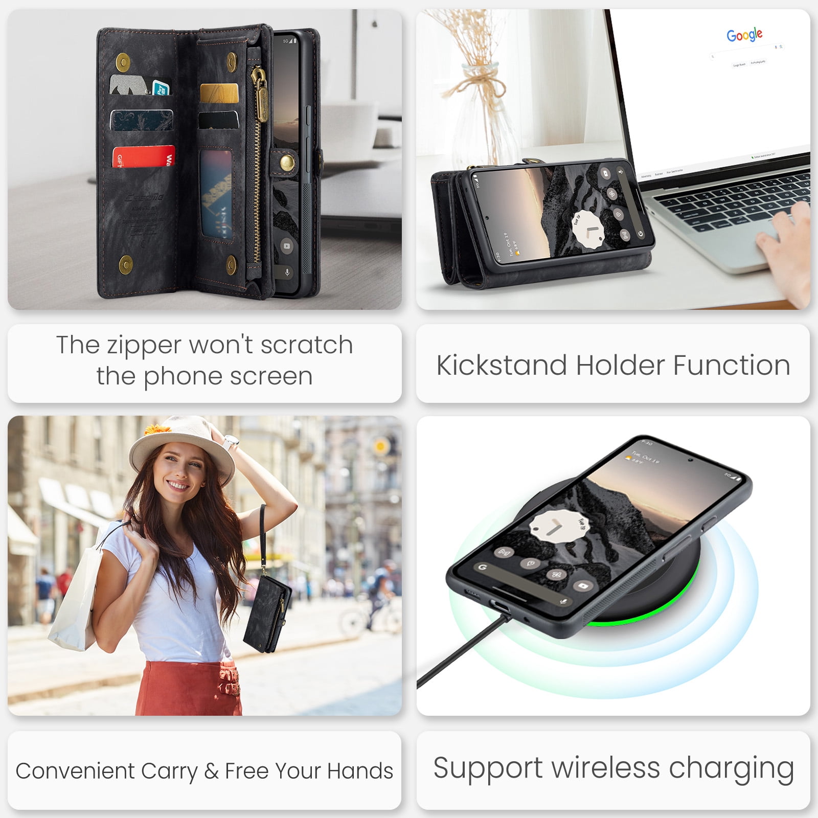 Feishell Durable 2- In-1 Magnetic Detachable Wallet Case for iPhone 16,for Women Men,Premium PU Leather Zipper Pocket Flip Multi Card Slots Purse Phone Case with Wrist Strap,Black