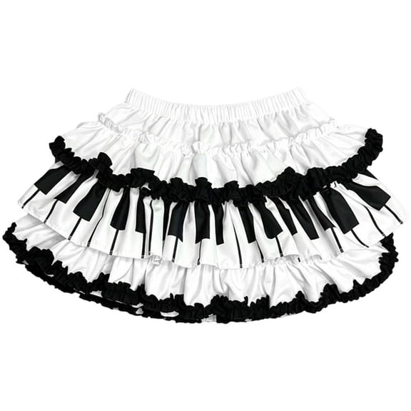 Byfri Black White Piano Pleated Mini Skirt, Y2k Elastic Waist Lolita Ruffle Puffy Skirt, S(US4)