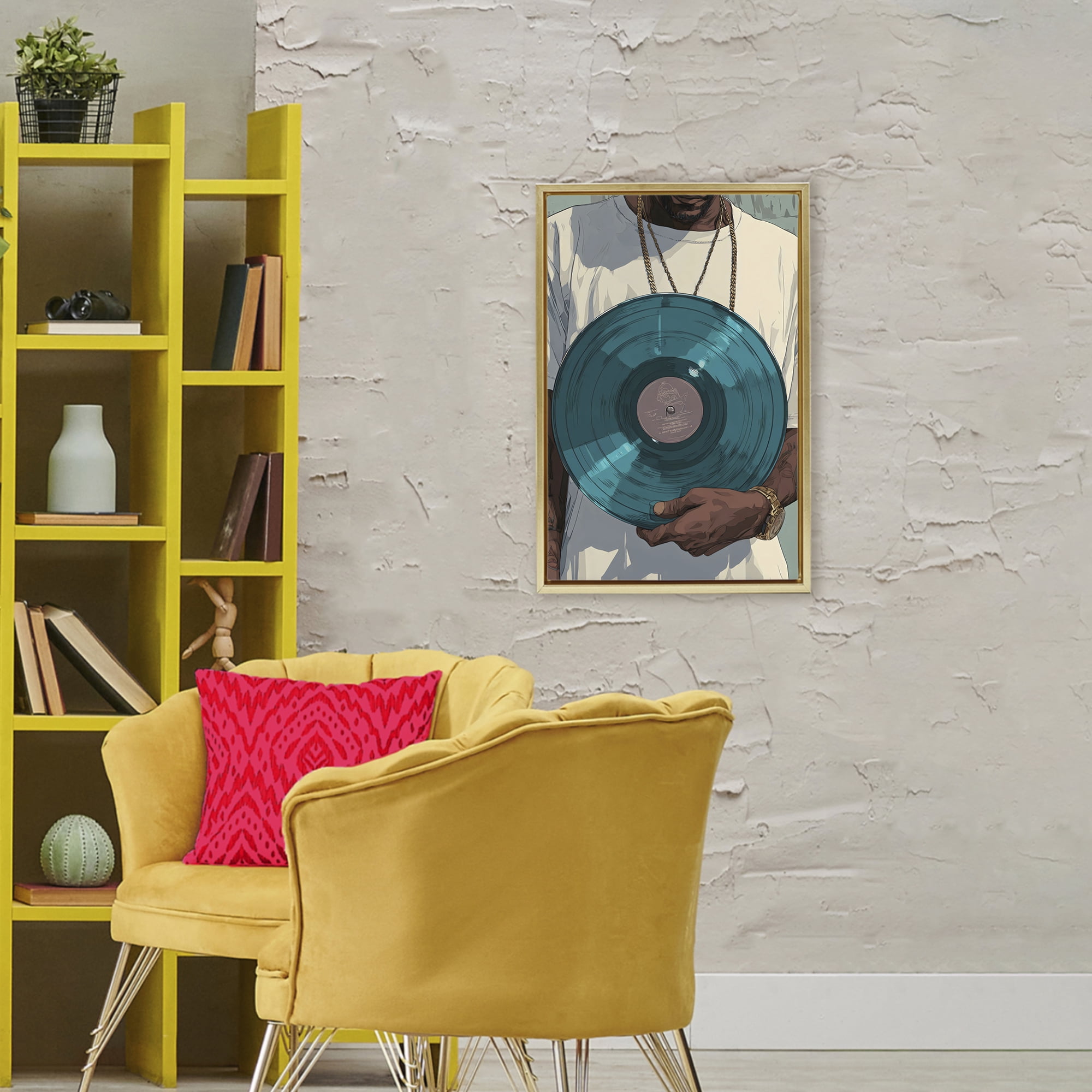 Stupell Industries Musician & Blue Music Record Gold Framed Floater Canvas Wall Art, design by Franklyn Gregory