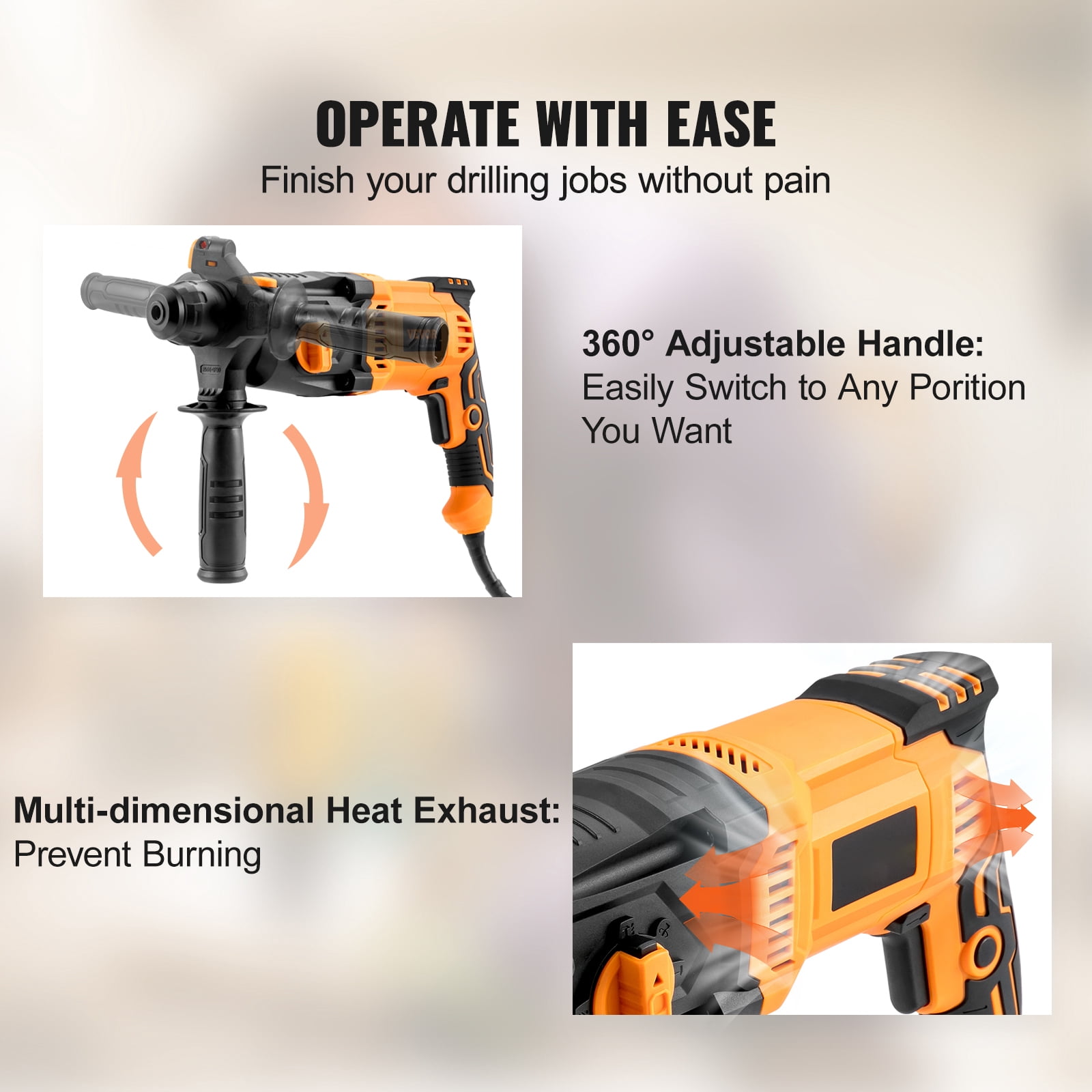 SKYSHALO 1 Inch SDS-Plus 8 Amp Heavy Duty Rotary Hammer Drill, Safety Clutch 4 Functions with Vibration Control Including Grease, Chisels and Drill Bits with Case