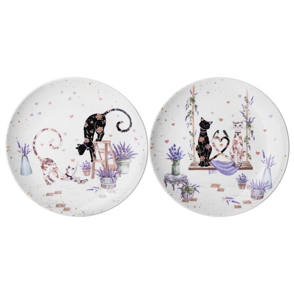 STPGoods Lavender Cats Porcelain Dessert Plate Set of 2 pcs 8.1" (20.5 cm) Floral Cake Plates for Appetizer Salad Serving, Purple White