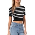 thumbnail image 4 of INSPIRE CHIC Short Sleeve Striped Top for Women Crew Neck t Shirts 2026 Summer Knit Casual Cropped Pullover Sweater XS Black, 4 of 6