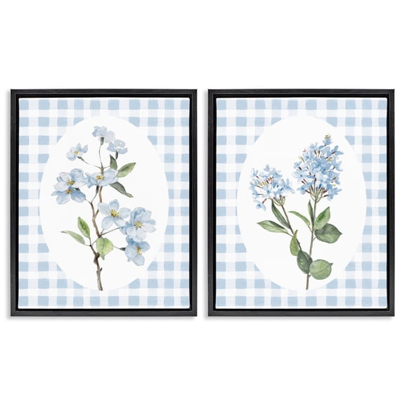 Stupell Industries Blooms on Blue Checkered 2 Piece Black Framed Floater Canvas Set, design by Lanie Loreth