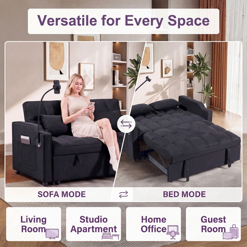 Gewnee 53" Sofa Bed, 3 in 1 Convertible Sleeper Sofa, Velvet Pull Out Couch Bed with USB Ports, Phone Holder & Side Storage Pockets, Adjustable Loveseat Sofa Bed for Living Room, Black