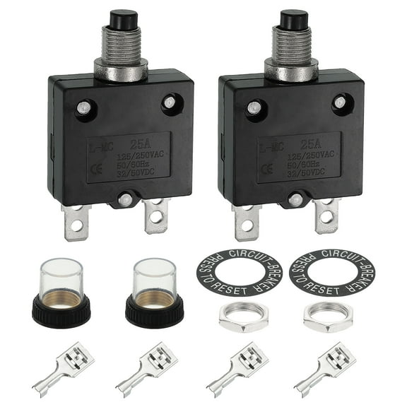 Uxcell 2PCS 25A Thermal Circuit Breakers, 125/250V AC,32/50V DC Manual Reset Push Button Overload Protector Circuit Breaker with Waterproof Button Caps Quick Connector Terminals