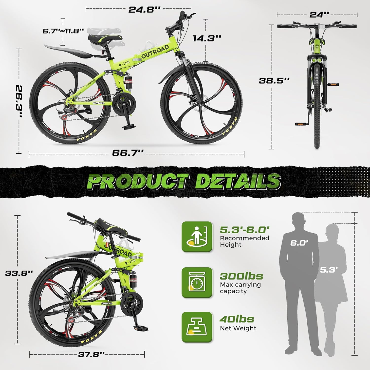 Marknig 26 inch Folding Mountain Bike, 21 Speed Full Suspension High-Carbon Steel Foldable Bicycle with Dual Disc Brake for Adults, Green