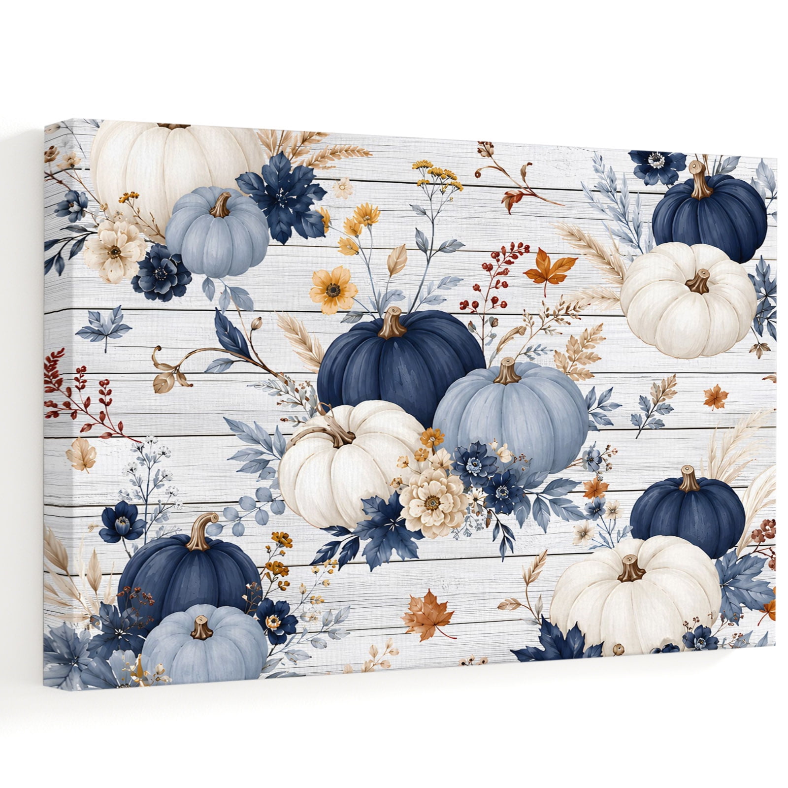 Navy Blue Pumpkin Canvas Wall Art Thanksgiving White Pumpkin Flower Leaf Wood Grain Wall Art Prints Artwork Framed Canvas Ready to Hang Art Pictures for Dining Room Bedroom Study Lounge Nook 18 x12