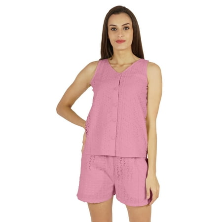 

Bimba Sexy Schiffli Nightwear Set For Womens 2 Pcs Summer V-Neck Sleeveless Loungewear