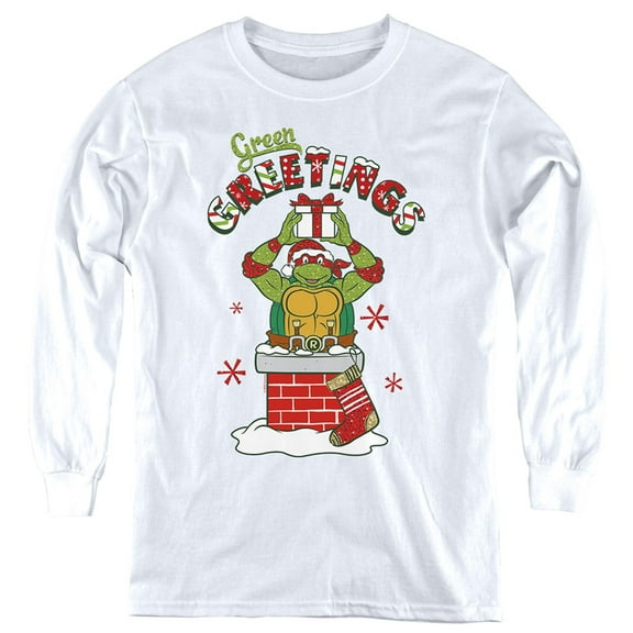 Teenage Mutant Ninja Turtles Green Greetings Christmas Scene Kids Long Sleeve T-Shirt for Youth Boys and Girls