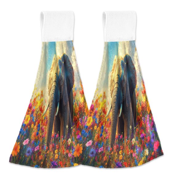 BZSMCE Hanging Hand Towels Fashion Elephant in Colorful Flowers Pattern 2-Pack - Velcro Style Bathroom Kitchen Towels