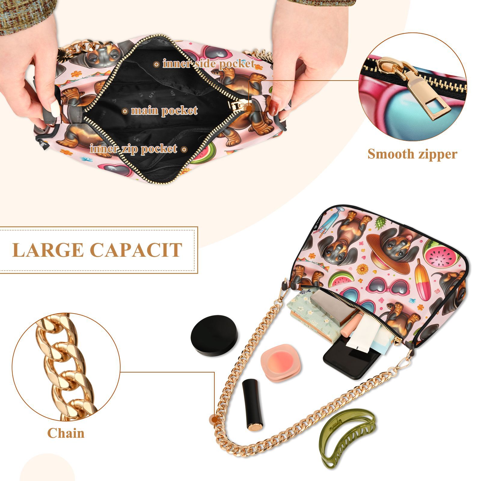 Dachshund Dogs WatermelonWomen Small Shoulder Bag Crossbody Tote Hobo Bags Purse Clutch Handbags with Chain Strap for Women