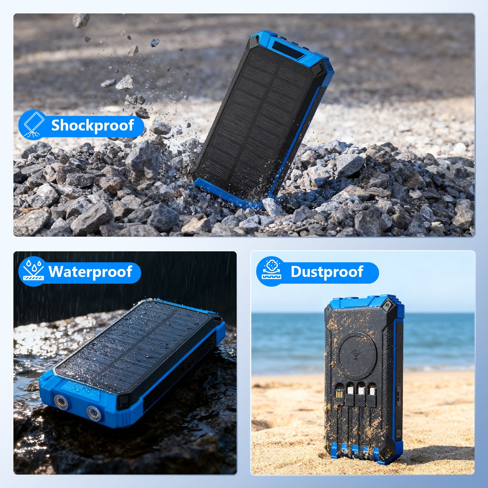 CATGOOD 20000mAh Solar Power Bank, 22.5W Fast Charging Portable Charger with 4 Built-in Cables & 10W Wireless Charging, Travel Battery Pack with Camping Flashlight(Blue)