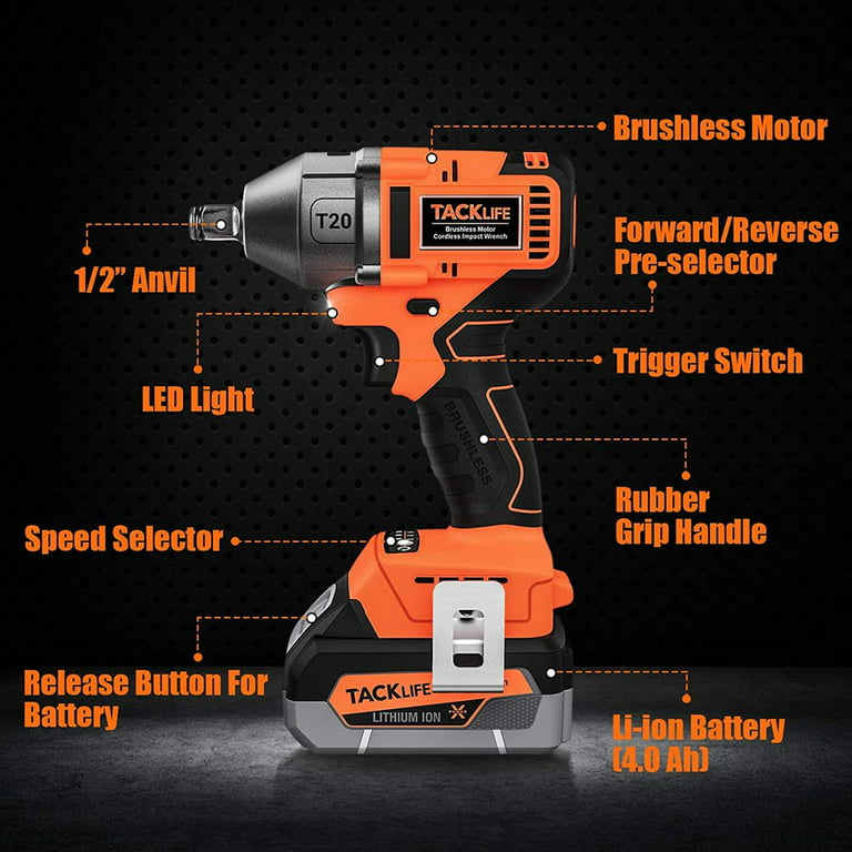TACKLIFE 20V MAX Brushless High Torque Impact Wrenches, 1/2“ Impact Driver  with Hog Ring Max Torque 370ft-lbs (550Nm) Impact Gun