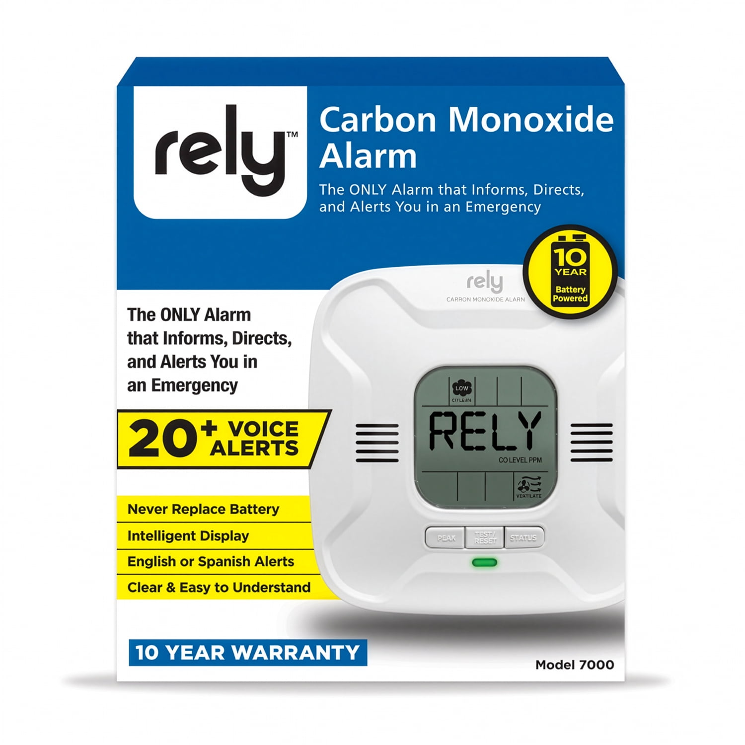 Rely Battery Operated Carbon Monoxide Detector, Voice Alert & Display, 10-Year Lithium Power