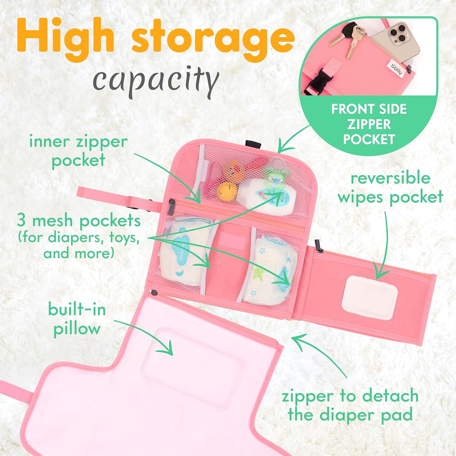 Kopi Baby Portable Diaper Changing Pad Travel Bag with Built-In Pillow, Reversible Wipes Pocket, Foldable Changing Mat, Pink, Premium