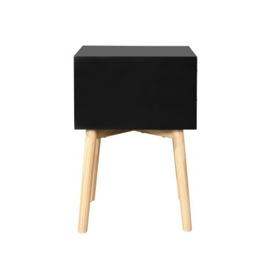 Side Table with 2 Drawers, Mid-Century Modern Nightstand with Rubber Wood Legs, Small Storage Cabinet for Bedroom Living Room, Black