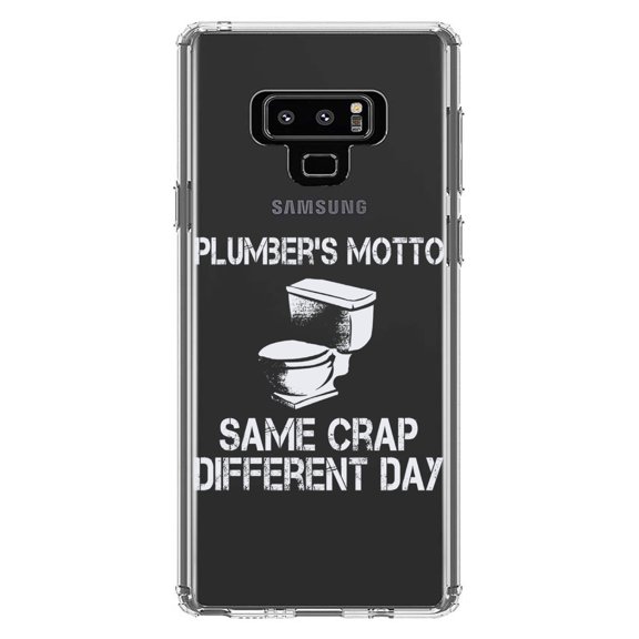 DistinctInk Clear Shockproof Hybrid Case for Samsung Galaxy Note 9 - TPU Bumper Acrylic Back Tempered Glass Screen Protector - Same Crap Different Day - Plumbers