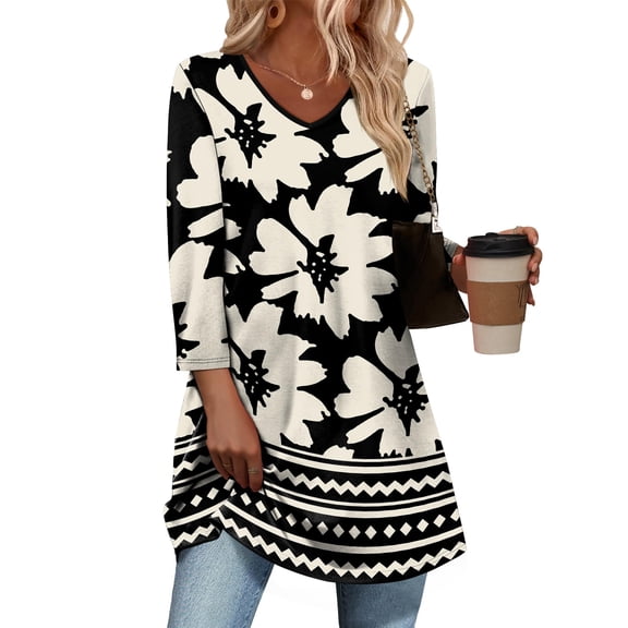 Blusa OFEEFAN para mujer, casual, estampado floral, cuello en V, manga 3/4