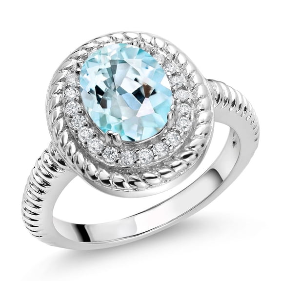 Gem Stone King 2.26 Ct Oval Sky Blue Topaz 925 Sterling Silver Halo Engagement Ring (Size 8)