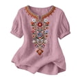 thumbnail image 2 of Favoffer Women's Washed Crinkle Linen Blend Shirt Boho Embroidered Tunic Short Sleeve V Neck Loose Fit Peasant Top Elegant Daily Summer Beach Holiday Blouse, 2 of 6