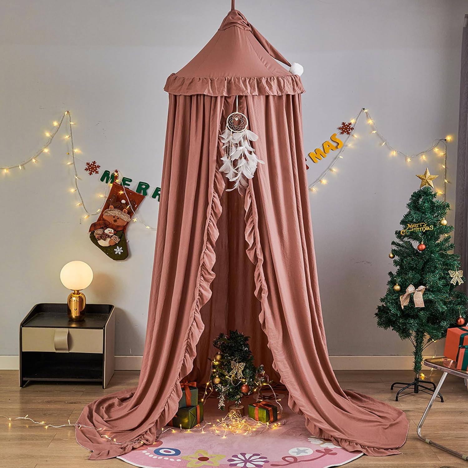 Bed Canopy for with Lights,Double Layer Princess Round Dome Dreamy Mosquito Net Bedding Girls Room Castle Play Tent Hanging House Decor Reading Nook Canopies(Gray/White)