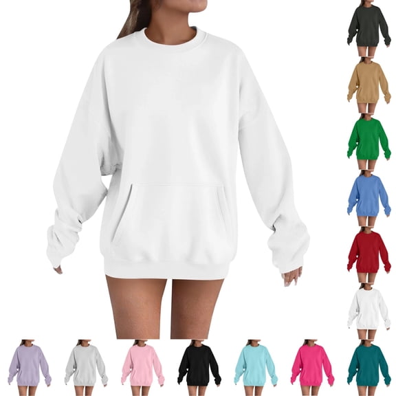 UDAUDU Crewneck Sweatshirts Women Fall Fleece Oversized Sweatshirt with Pockets Loose Fit Cute Hoodies Y2k Fashion Sweatshirts with Pocket White XL