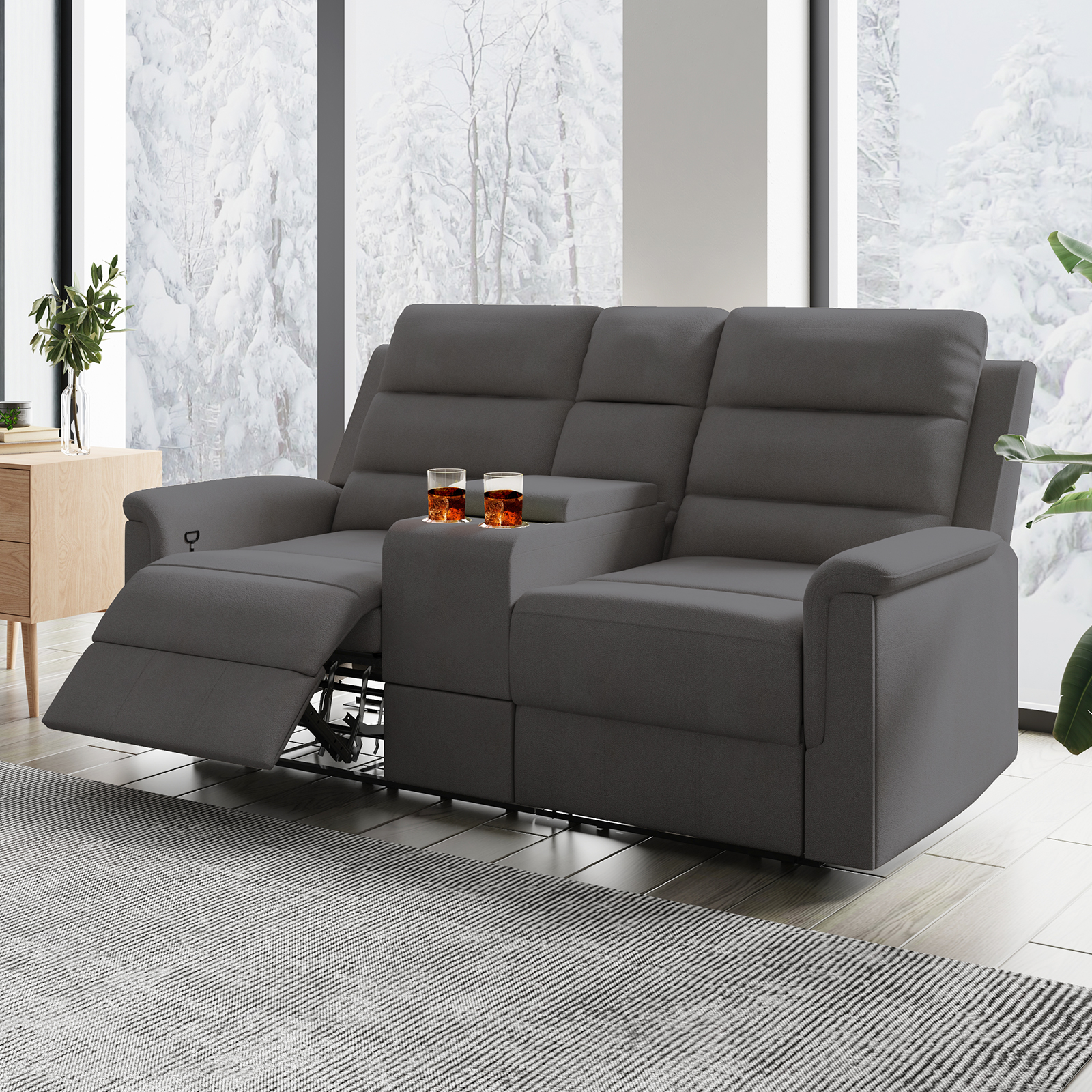 MUZZ Reclining Sofa Set, Modern Recliner Sofa with Cup Holders, Flip-Up Storage, Reversible Backrest and Footrest, Gray