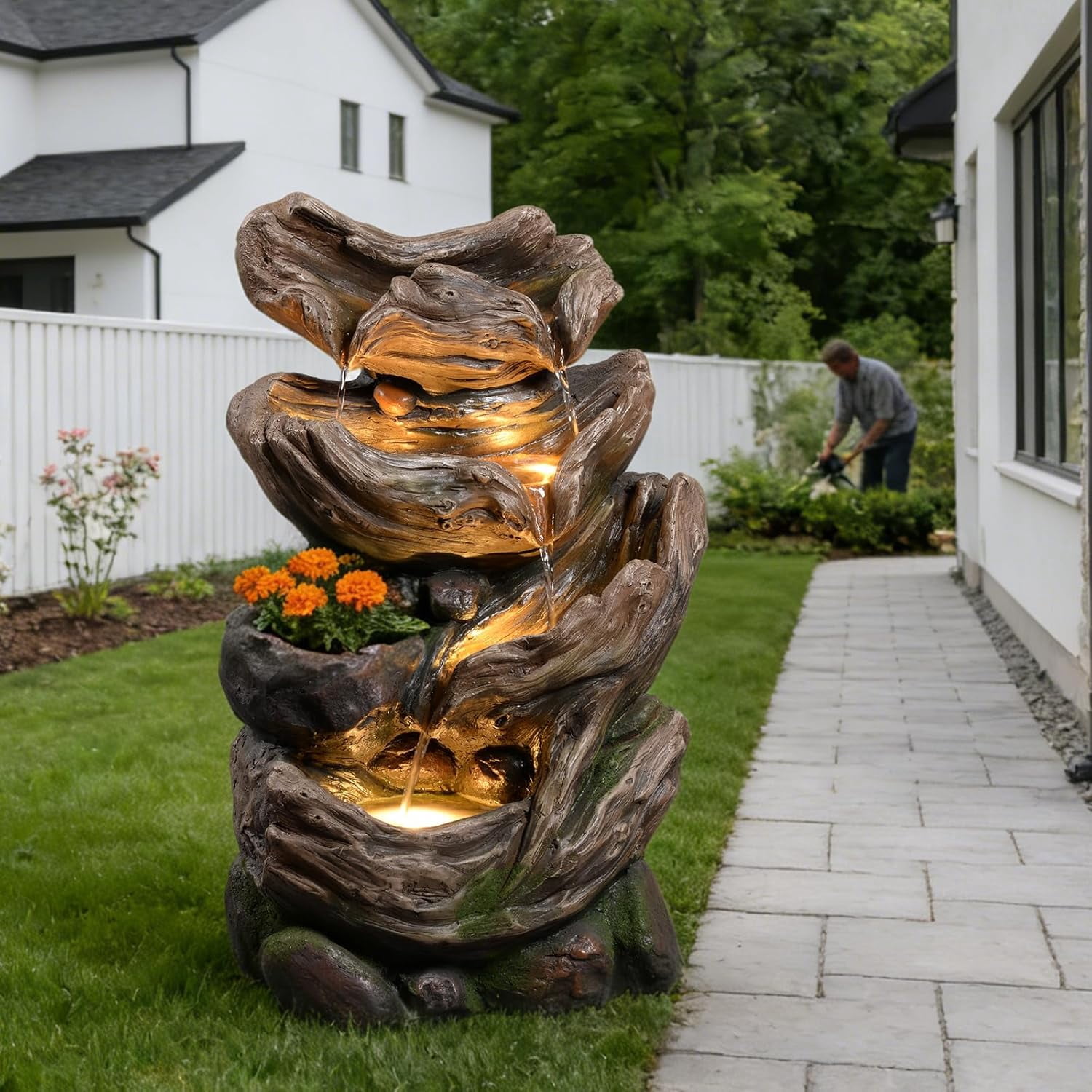 4-Tier Cascading Outdoor Water Fountain, 25.2" H Realistic Tree Trunk Garden Waterfall Fountains for Outside, Water Fountain Outdoor with Lights for Patio, Yard, Deck, Porch and Home Decor