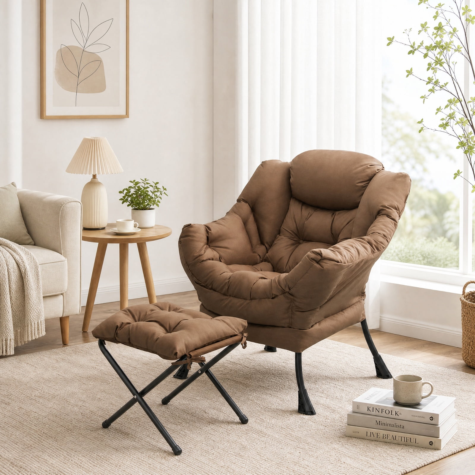 Furnibear Modern Accent Sofa Chair with Folding Footrest and Side Pocket for Living Room Bedroom and Balcony Reading Nook, Brown