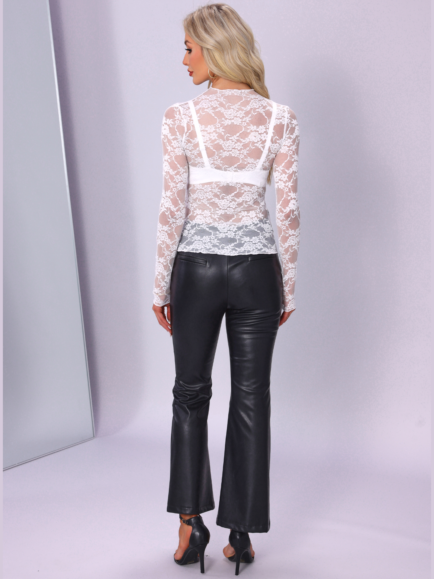 DARING DIVA Women's Mock Neck Slim Fit Lace Sheer See Through Top M White